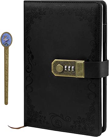 A5 Vintage Leather Journal with Combination Lock Digital Password Journal with Bookmark Pen Loop Retro Privacy Notebook Writing Travel Diary Locking Journal, 100 Sheets