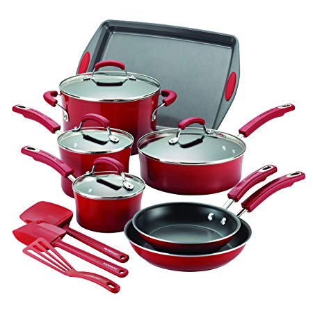 Rachael Ray 14267 Brights Nonstick Cookware Pots and Pans Set, 14 Piece, Red Gradient