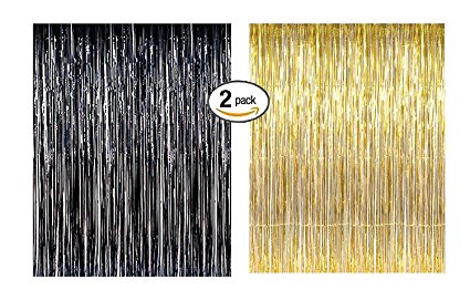 Foil Fringe Door & Window Curtain Party Decoration 3' X 8' (36" X 96") "Value Pack of 2" Black & Gold