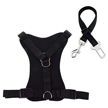 Roadwi No Pull Padded Dog Harness, Adjustable Mesh Pet Vest Harness with Vehicle Car Seat Belt Leash Set for Dogs & Cats