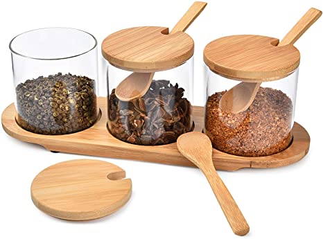 Condiment Jars with Lids and Spoons, Set of 3 10oz Glass Seasoning Containers with Tray, Salt Sugar Spice Pepper Box Canisters Pots with Bamboo Wooden Lid for Home Kitchen Coffee Bar (Round Base)