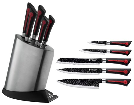 Imperial Collection 6 Piece Knife Set Including Stainless Steel Knife Block - Extremely Sharp High Quality Stainless Steel NonStick Coating Kitchen Knives With A Great Grip (Red/Black)