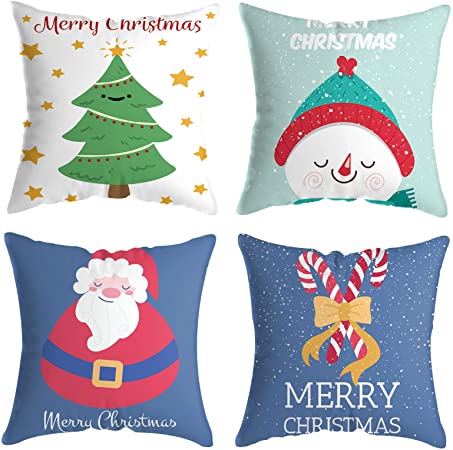 Freehawk Christmas Cushion Covers, 4 PCS Christmas Cushion Covers Set Christmas Pillow Covers Throw Pillow Case Cushion, 18x18 Inch Christmas Tree Snowflake Snowman Reindeer Decoration Pillowcases