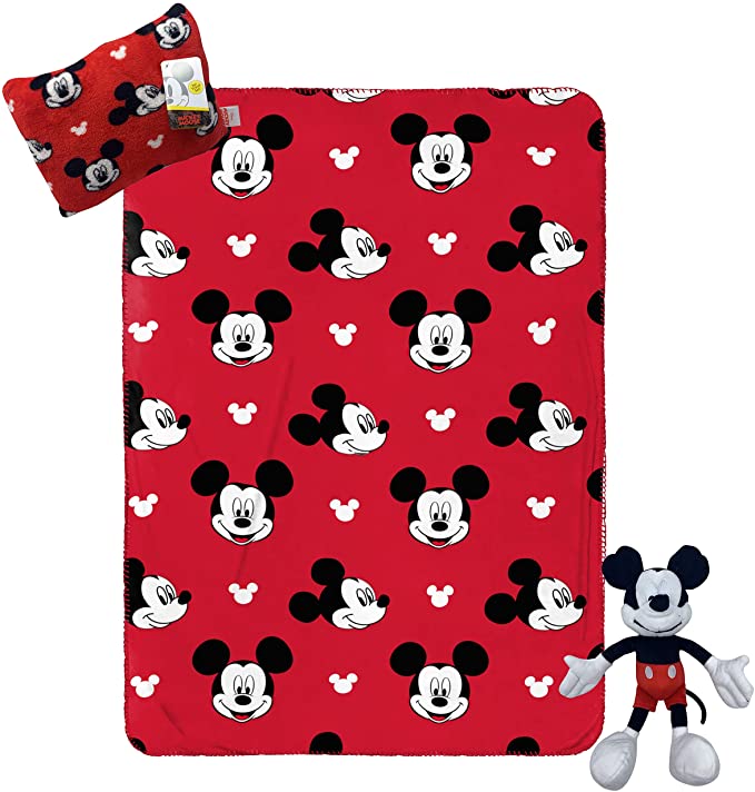 Jay Franco Disney Mickey Mouse Travel Set - 3 Piece Kids Travel Set Includes Blanket, Pillow, Plush (Offical Disney Product)