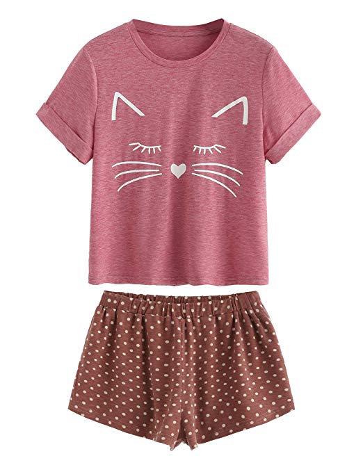 DIDK Women's Kitty Cat Print Ruffles Short Pajama Set