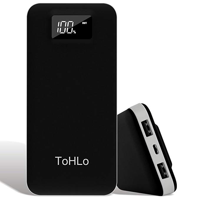 ToHLo 20000mAh Power Bank Lightning and Micro Input LED Digital Display Portable Charger - Black