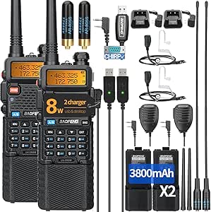 BAOFENG UV-5R 8W Ham Radio Long Range UV5R Dual Band Handheld High Power 3800mAh Rechargeable Walkie Talkies Handheld Two Way Radio with Programming Cable,Speaker Mic, Acoustic Tube Earpiece,2Pack