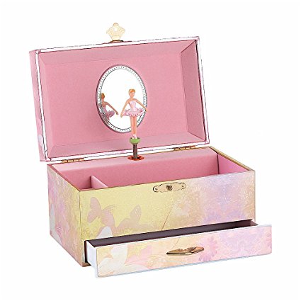 Musical Jewelry box, Flower Fairy jewel box, Storage Box with drawer. lacquer, foil and pearlized surface.Turn name is "Home sweet home". (7.1"x 4.5"x 4" pink)