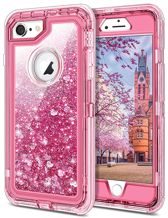 JAKPAK iPhone 6 Case, iPhone 6S Case, Shockproof Glitter Flowing Liquid Bling Sparkle Cover for Girl Woman Heavy Duty Full Body Protective Shell for 4.7" iPhone 6S/6 -Pink