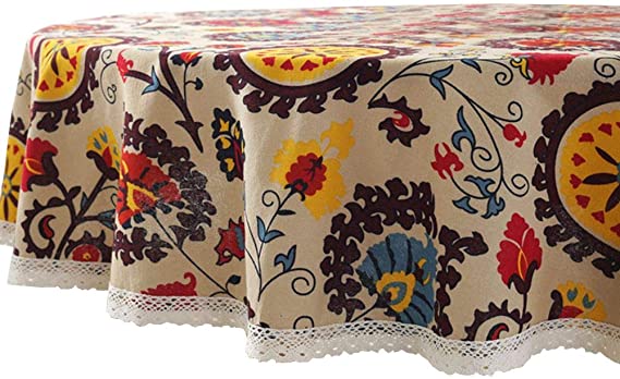 Lahome Bohemian Sunflower Tablecloth Heavy Weight Cotton Linen Table Cover Kitchen Dining Room Restaurant Party Decoration (Round - 60", Sunflower)