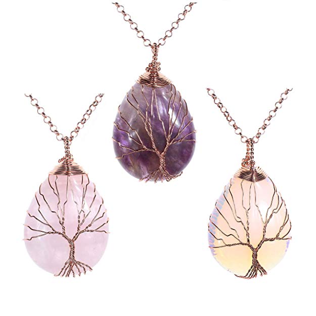 Jovivi Vintage Tree of Life Wire Wrapped Copper Teardrop Natural Gemstones Pendant Necklace, Mothers Day