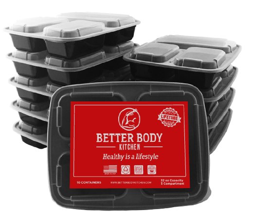 Meal Prep Food Containers by Better Body Kitchen ( Set of 10 ) - 3 Compartments and 32 oz Capacity for a Bigger Better Meal