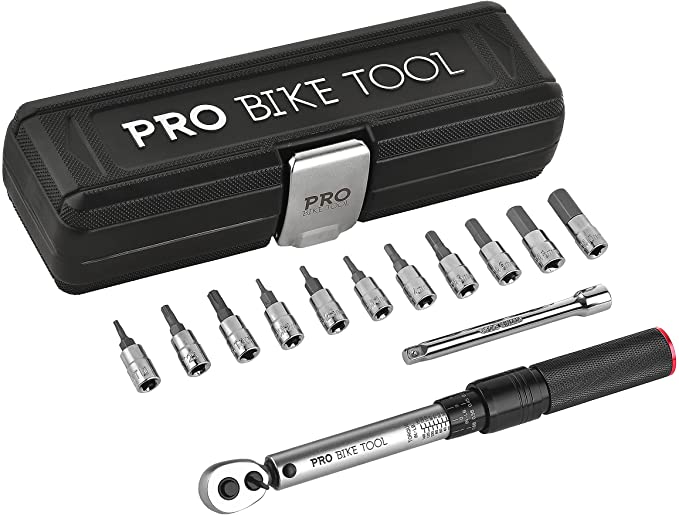 PRO BIKE TOOL 1/4 Inch Drive Click Torque Wrench Set – Inch Pound Nm Dual Readout – Bicycle Maintenance Kit for Road & Mountain Bikes - Includes Allen & Torx Sockets, Extension Bar & Storage Box