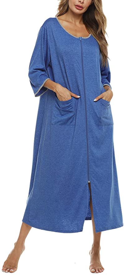 Bloggerlove Zipper Front Robes Women House Coat Half Sleeve Loungewear Long Nightgown with Pockets S-XXL