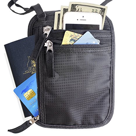 Travel Neck Pouch Passbook Holder Anti-theft Security Wallet with Adjustable Durable Strap with RFID-Blocking