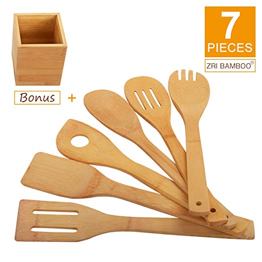 Kitchen Cooking Utensils Set - 6 Pieces Bamboo Wooden Spoons & Spatulas and 1 Holder as Bonus