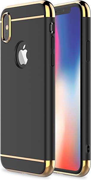 RORSOU iPhone X Case, 3 in 1 Ultra Thin and Slim Hard Case Coated Non Slip Matte Surface with Electroplate Frame for Apple iPhone X (5.8")(2017) - Black and Gold