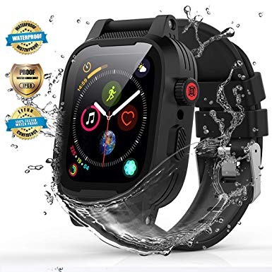 YOGRE Waterproof Case for Apple Watch Series 4 44mm, IP68 Waterproof Shockproof Impact Resistant Apple iWatch Full Body Protective Case with Built-in Screen Protector, Give 2 Soft Silicone Watch Band
