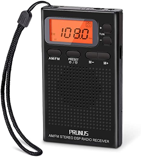 PRUNUS J-125 Portable AM FM Pocket Radio with Earphones, Digital Battery Operated Walkman Radio with Preset, Timer, Alarm Clock, Lock Station for Jogging, Walking, Traveling