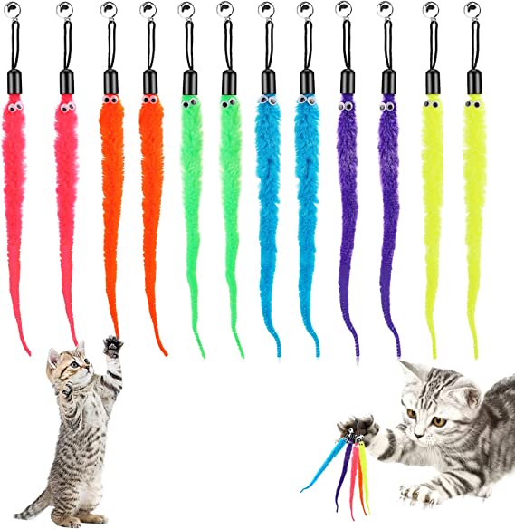 Molain Cat Wand Toy Replacement Refill -12 Pcs Furry Tail Worm with Bell Interactive Cat Chaser Toys, Kittens Wand Refills Attachments