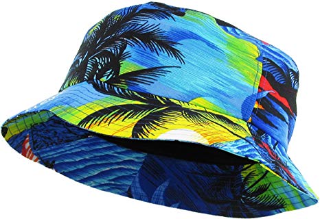 KBM-027 Roy Hawaiian Floral Print Bucket Hat Cap Royal Blue