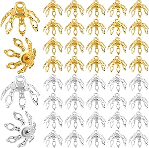 ANCIRS 50 Pcs Flower Bead Caps, End Cap Bails for Necklace, 7 Prong Bell Bead Cap, Metal Spacer Flower Beads for Bracelets, DIY, Crafts, Jewelry Making (25pcs Gold & 25pcs Silver)