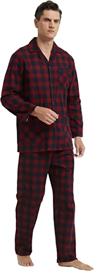GLOBAL Men's Pajamas Sets 100% Cotton Flannel Sleepwear Long-Sleeve top & Bottom
