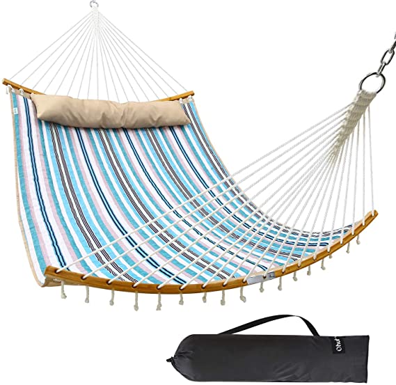 Ohuhu Double Hammock Quilted Fabric Swing with Strong Curved-Bar Bamboo & Detachable Pillow, 55"x75" Large Hammocks with Carrying Bag, 4.6'W x 6.2'L, Gift for Father's Day Birthday Parent Family Present, Blue & White Stripe