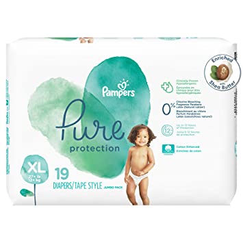 Pampers Pure Protection Baby Diapers, XL Size Taped Diapers, 19 Count [Hypoallergenic and unscented Protection, 0% Chlorine, paraben, Latex]