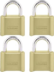 Master Lock Gold Combination Padlock, Gate Lock for Outdoor Fence or Shed, Small Lock with Customizable Code for Indoor or Outdoor Storage, 4 Pack, 175EC4