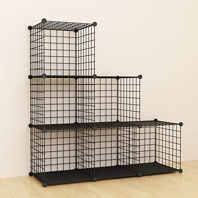 SIMPDIY Bookshelf with Multi-Function Space-Saving 6 Cubes Black Metal Organizer Wire Shelves Cubes Storage Portable Storage Shelf Racks