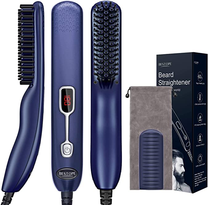 Beard Straightener for Men, BESTOPE 5 Level Fast Heating Anti-Scald Beard Straightening Comb with LCD Display,Electric Women Hair Straightening Brush with Carrying Bag Good for Scalp Massage