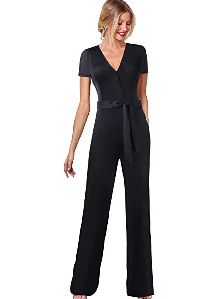 VFSHOW Womens V Neck Pockets Belted Wide Leg Casual Rompers Jumpsuits