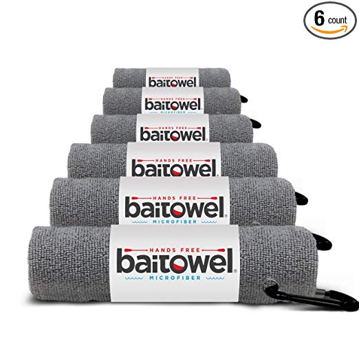 Bait Towel Pack of 6 Microfiber, 16" x 16", Carabiner Clip