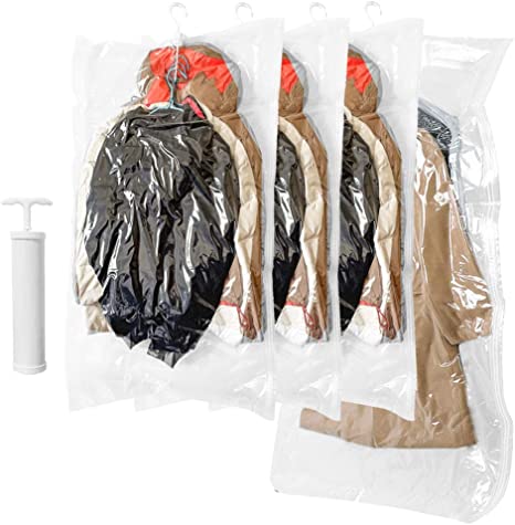 Hanging Vacuum Storage Bags, GQC 4 PCS Space-saving Vacuum Bag for Clothes, Suits, Dresses, Coats or Jackets, Clear & Reusable Closet Organizer with Hand Pump(1 Long 145x70cm & 3 Short 105x70cm)