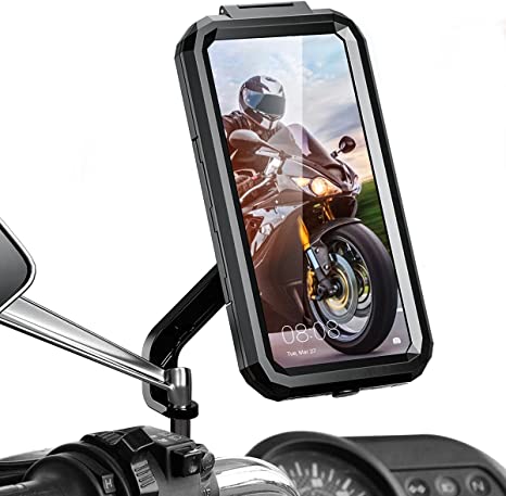 Faneam Universal Motorcycle Phone Mount Waterproof Motorcycle Phone Holder Rearview Mirror 360° Rotate Detachable Motorbike Cellphone Mount Holder With Touch Screen, FingerPrint & Face ID