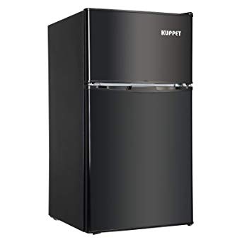 Kuppet 2-Door Mini Refrigerator Compact Refrigerator for Dorm,Garage, Camper, Basement or Office, Double Door Refrigerator and Freezer, Stainless Steel, 3.2 Cu.Ft, Black