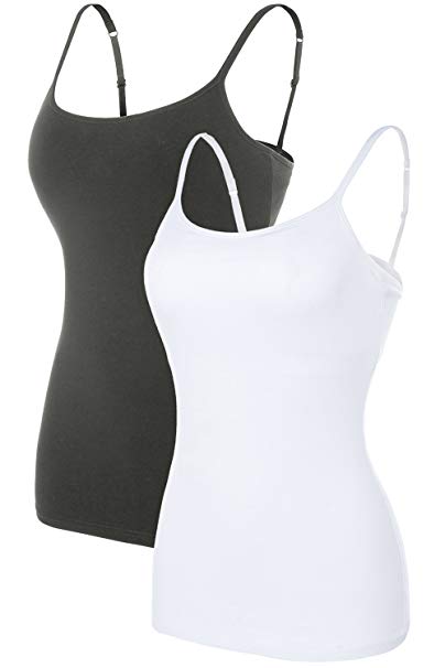 ATTRACO Women's Cotton Camisole Shelf Bra Spaghetti Straps Tank Top 2 Packs