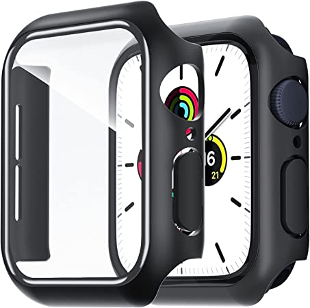 NEW'C 2 Pezzi Cover   Pellicola Prottetiva per Apple Watch Series 6/5/4 Se 44mm - Custodia HD con protezione in vetro temperato integrata per Apple Watch 44mm Series 6/5/4 Se - Nera