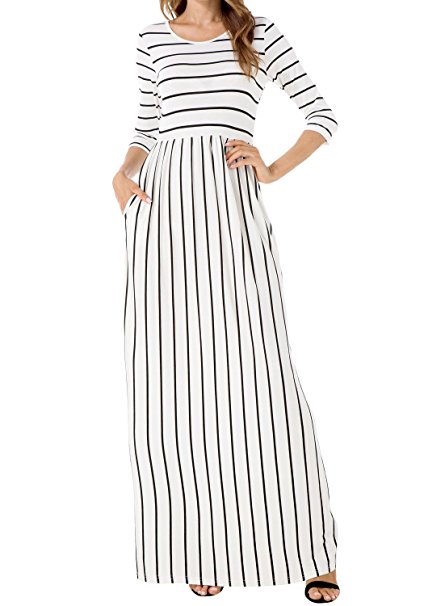 levaca Women's 3/4 Sleeve Elastic Waist Pockets Striped Flare Casual Maxi Dress