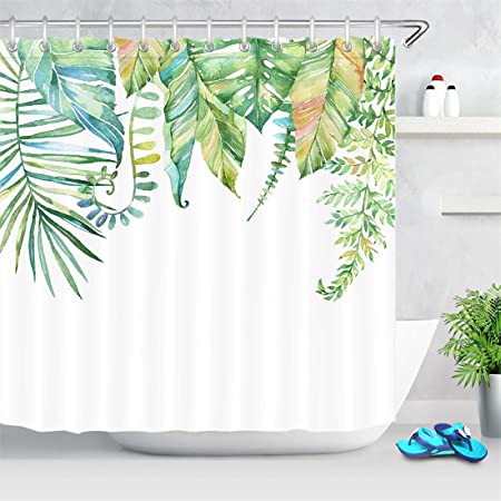 LB Tropical Green Leaves Shower Curtain Set Fresh Palm Leaf Watercolor Palnts Shower Curtains with Hooks Summer Bathroom Curtain Backdrop,70Wx70H Waterproof Fabric Shower Curtain