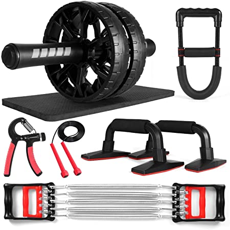 Odoland 7-in-1 Ab Roller Wheel Set with Push Up Bars, Resistance Exerciser, Hand Grip, Wrist Strength Trainer, Jump Rope, Knee Pad, Abdominal Core Carver Fitness Workout Abs for Body Training Home Gym