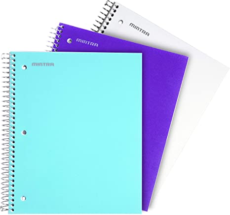 Mintra Office Durable Spiral Notebooks, 3 Subject, (aTeal, Purple, White, Wide Ruled 3 Pack), 150 Sheets, Poly Pocket, Moisture Resistant Cover, Strong Chipboard back, For School, Office, Business