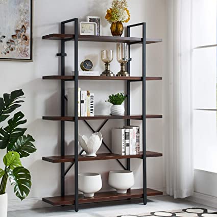 Homissue 5-Tier Industrial Solid Wood Bookcase Furniture, Open Bookcase and Bookshelves, Display Shelf Storage Organizer for Home Office