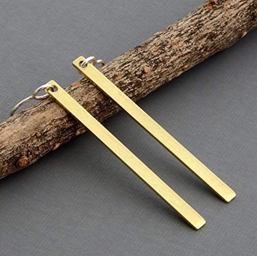 Pair medium long gold brass stick bar or line dangle earrings hypoallergenic nickel free ear wires mixed metal minimalist Amazon handmade jewelry