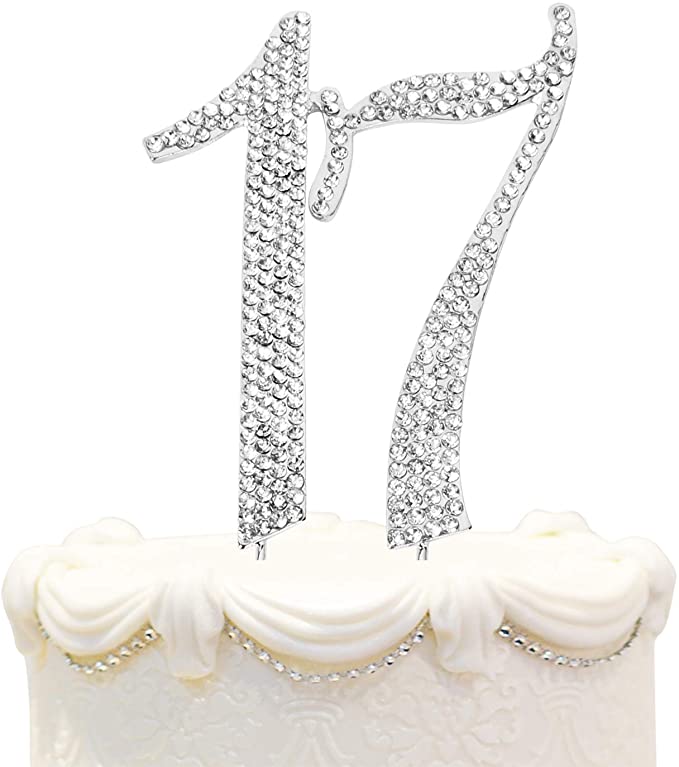 Hatcher lee Bling Crystal Rhinestone 17 Birthday Cake Topper - Best Keepsake | 17th Party Decorations Silver