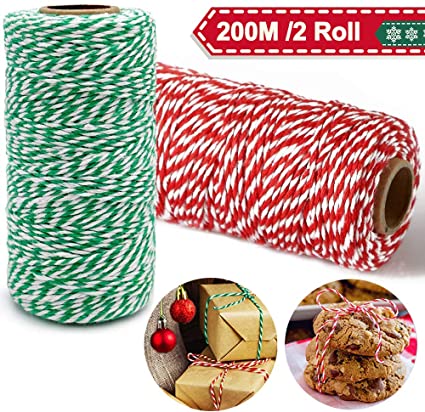 Twine String 200M, Bakers Twine/Butcher Twine/Garden Twine Green Red and White Striped String 2 Roll, Coloured Twine Cotton Rope Cord String Decorative for Christmas Gift Wrapping/Baking/Crafting