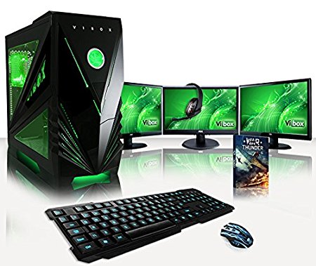 VIBOX Warrior Package 7 Gaming PC - 4.0GHz AMD FX 4-Core CPU, GTX 1060 GPU, VR Ready, Desktop Computer with Game Bundle, 3x Triple Display 22" Monitor Setup, Headset, Gamer Keyboard & Mouse, Green Internal Lighting and Lifetime Warranty* (3.8GHz (4.0GHz Turbo) Super Fast AMD FX 4300 Quad 4-Core CPU Processor, Nvidia GeForce GTX 1060 3GB Graphics Card, 16GB DDR3 1600MHz RAM, 1TB Hard Drive, 85  Rated PSU, Vibox Green Case, No Operating System Installed)