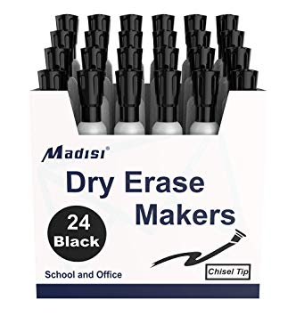 Madisi Dry Erase Markers Black - Chisel Tip, 24-Count, Low Odor Whiteboard Markers