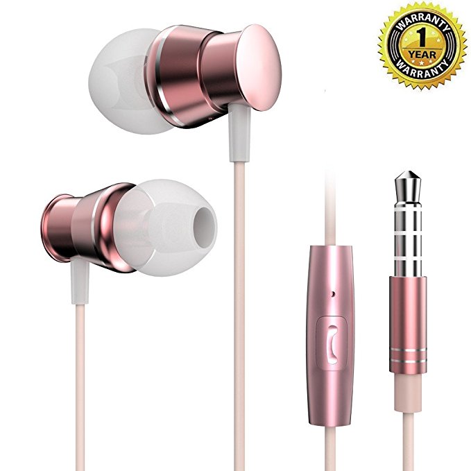 Wired Earphones Headphones, Metal In-Ear Headphones With Mic, Extra Bass Stereo Earbuds Noise Isolating For Android iOS iPhone With 3.5MM Jack Rose Gold -MAXELF (Rose Gold)